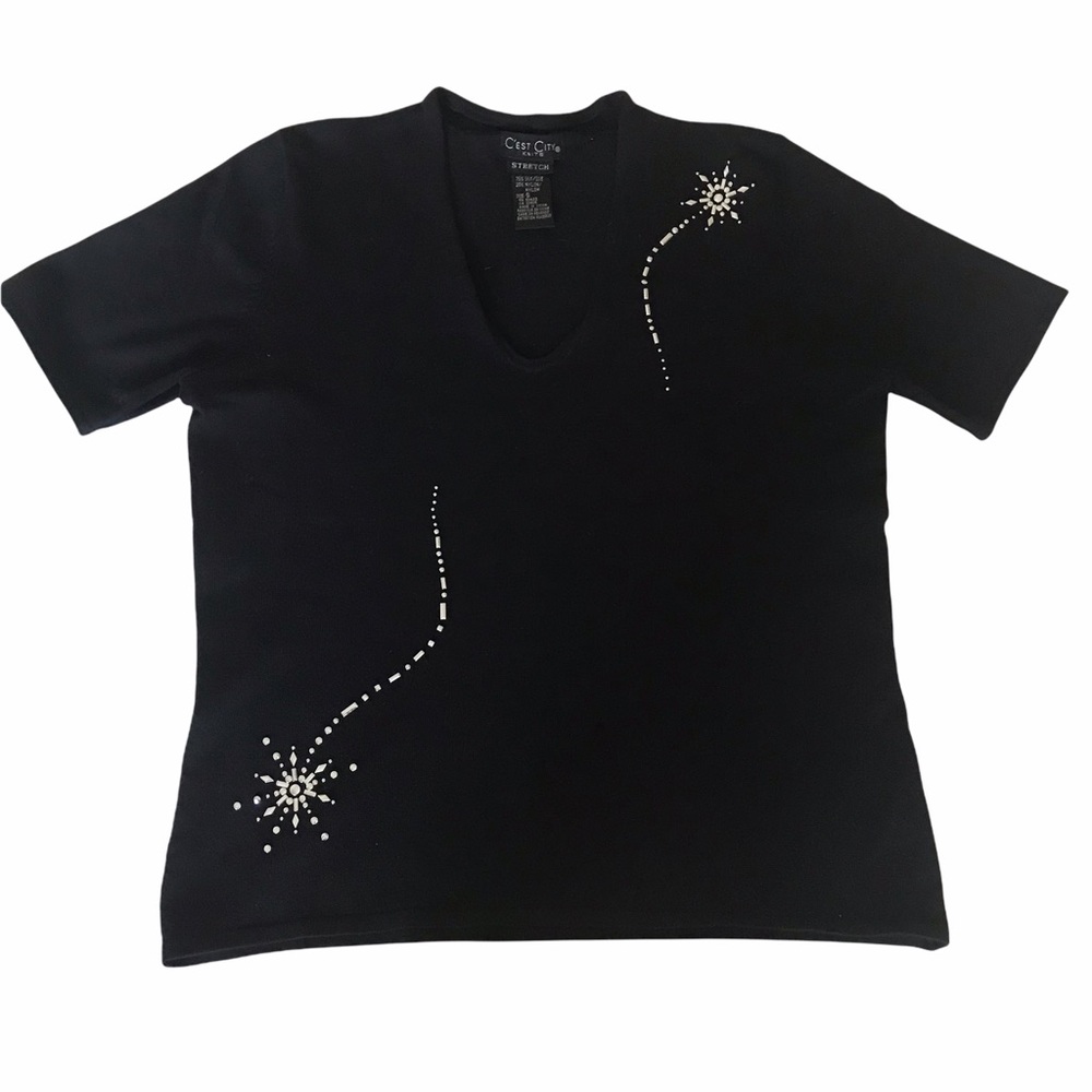 C’est City knits black silk/nylon V-neck top S